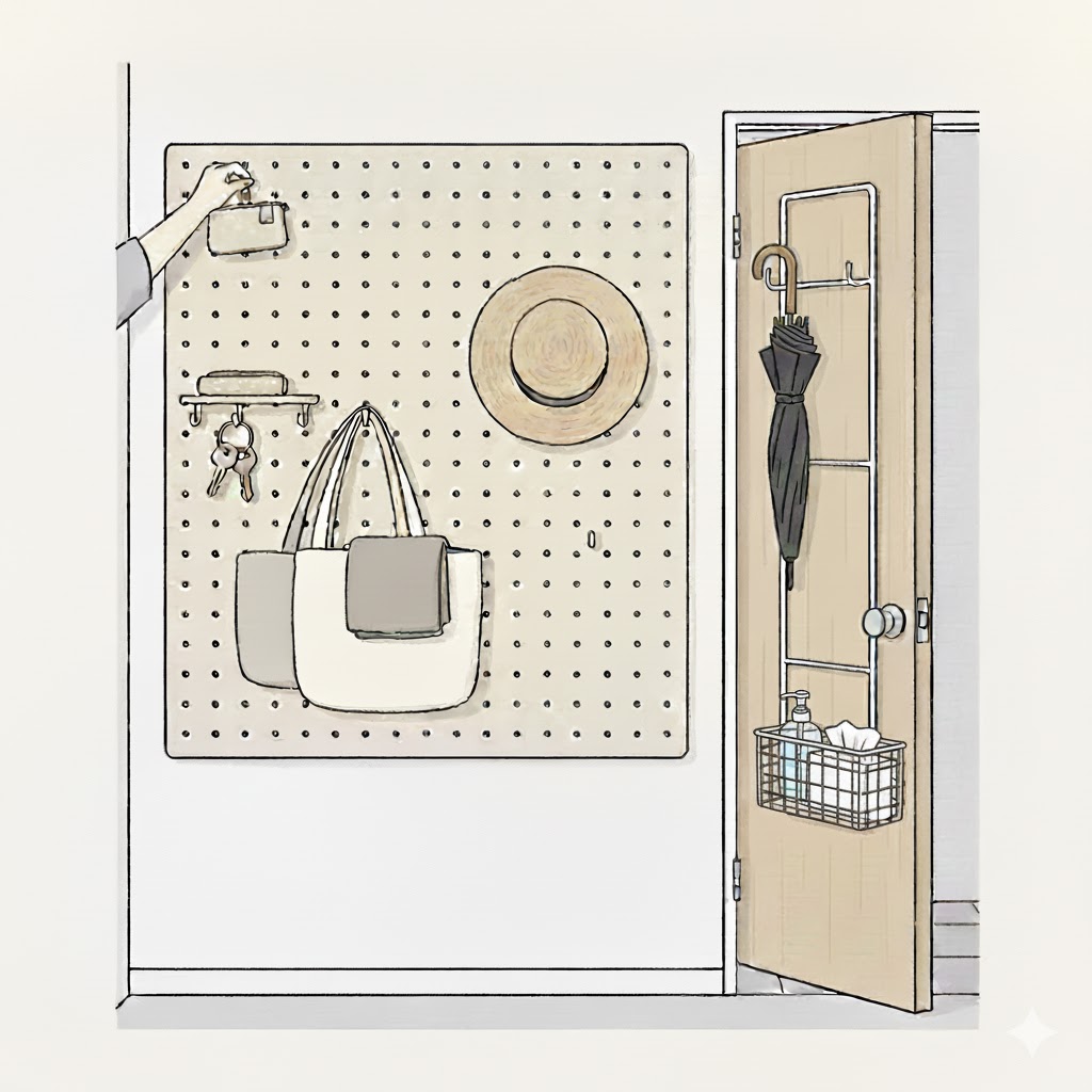 牆面洞洞板與門後收納架示意圖，用於掛放帽子、鑰匙、手提袋與折疊傘等物品。