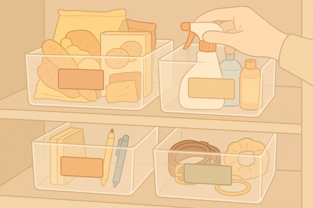 分區收納示意，透明收納盒用來分類清潔用品、零食、文具與小物，方便找到物品。