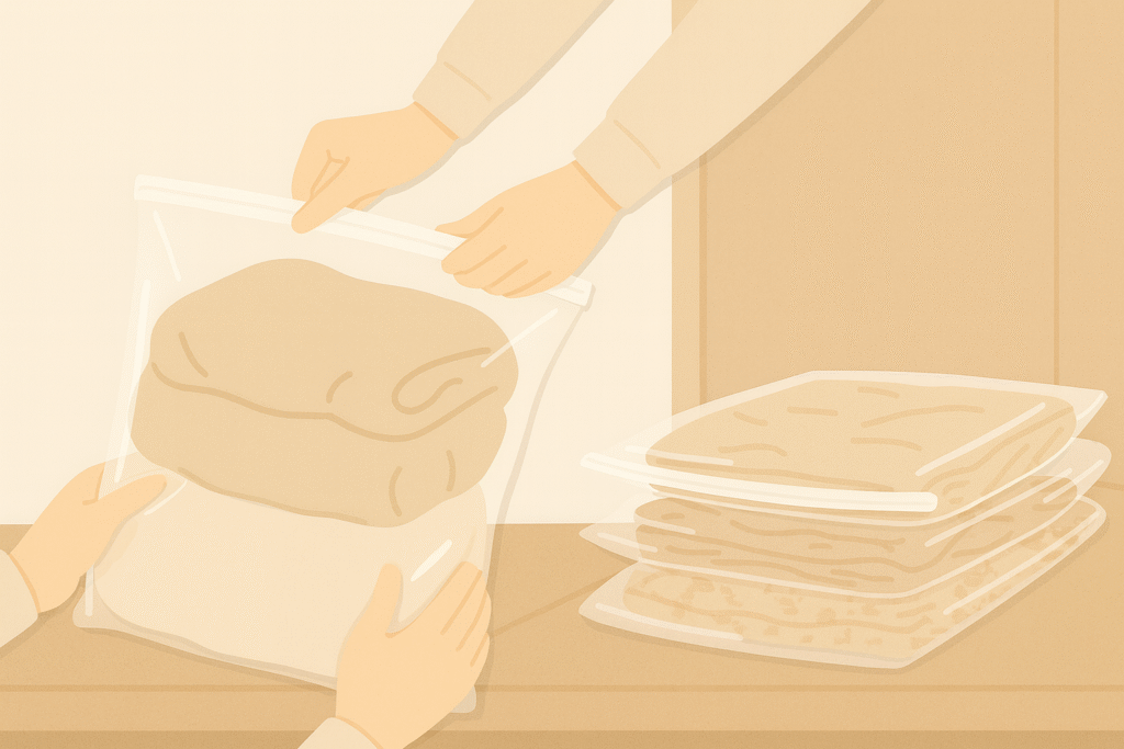 正在將厚衣物放入壓縮袋的示意圖，旁邊放著已壓縮變薄的衣物。