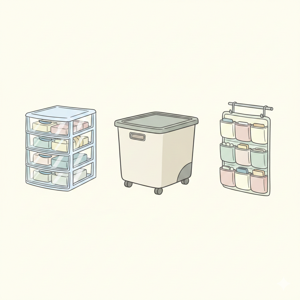 小空間收納好物示意，包括透明抽屜收納盒、滑輪收納箱與門後收納架。