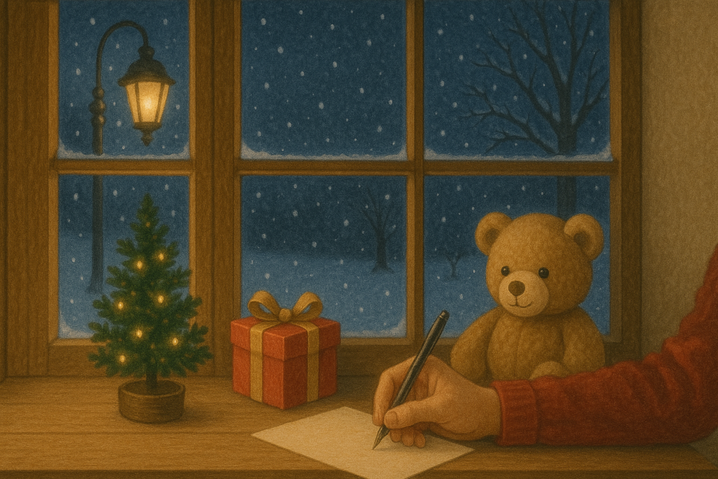 聖誕節祝福語文章配圖，窗邊桌上擺放聖誕樹與禮物，適合年末祝福與節慶問候使用。

