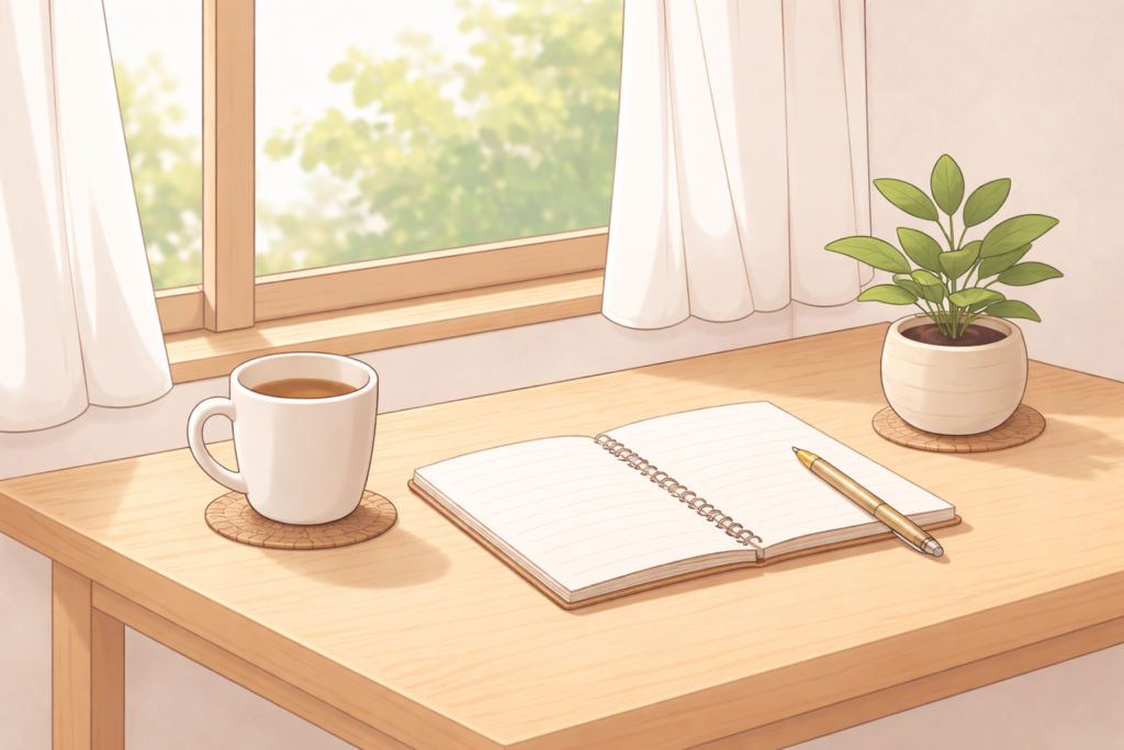 Japanese-style minimalist desk illustration with notebook, cup, and plant near a window
