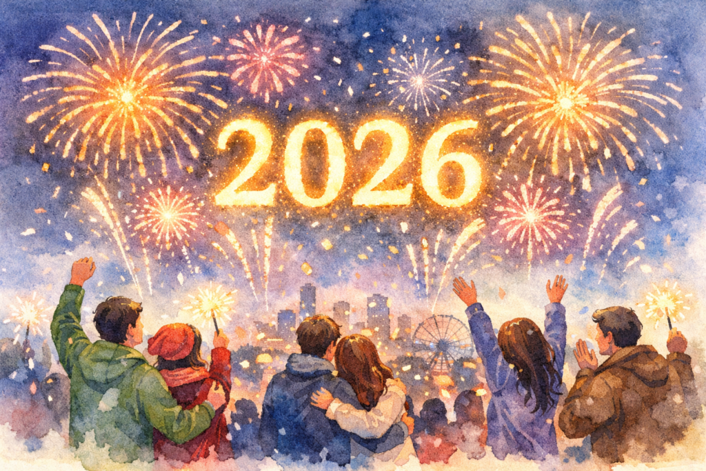 2026跨年煙火水彩插圖，群眾一起欣賞新年煙火慶祝的場景，適合跨年文章橫幅使用