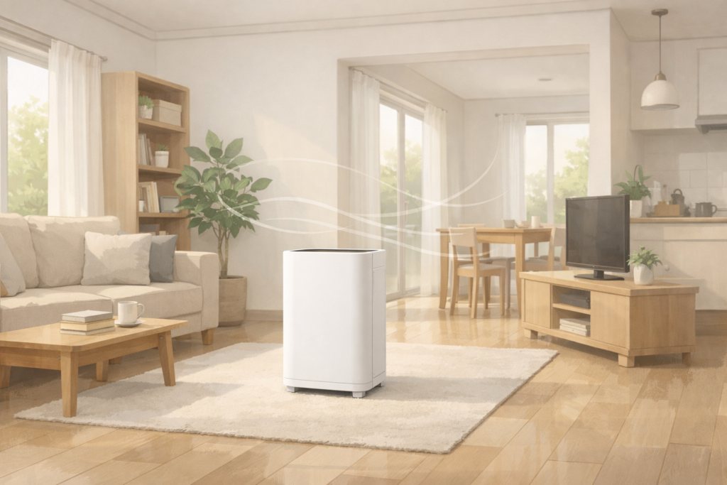 空氣清淨機擺放在客廳開放空間中的示意圖，周圍無家具遮擋，有助於空氣流通